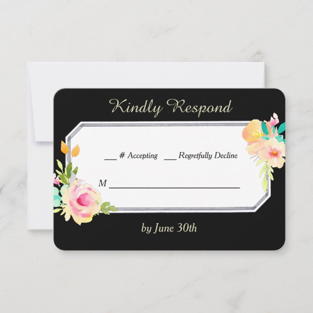 Peach Pink Roses on Black Wedding RSVP Card (Front)