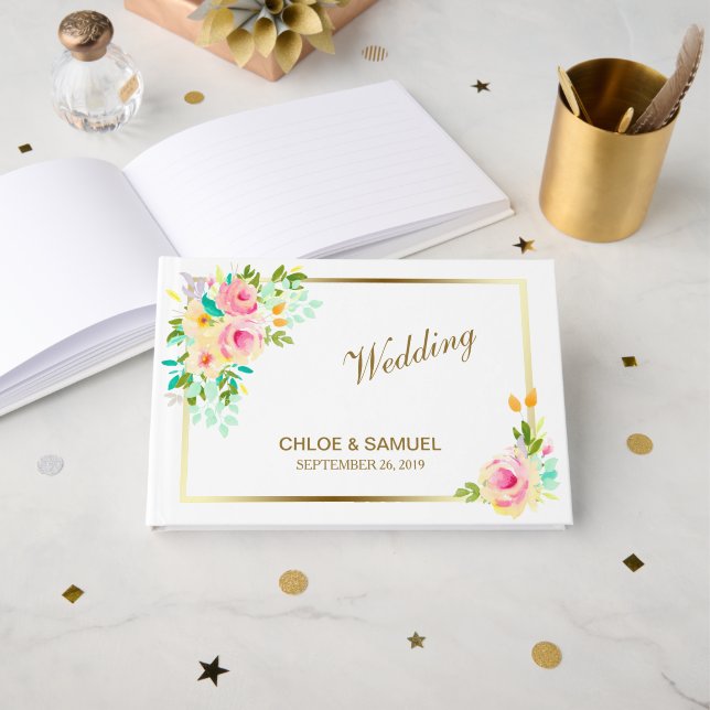 Peach Pink Roses Wedding Guest Book (Front Open)