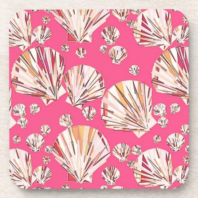 Peach, pink sea shells, coral pink background coaster (Front)