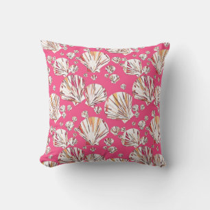 Peach, pink sea shells, coral pink background cushion