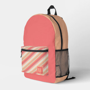 Peach Pink Stripes Trendy Monogram Printed Backpack