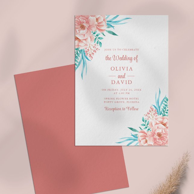 Peach Pink Tosca Floral Summer Wedding Invitation (Peach Pink Tosca Floral Summer Wedding Invitation on a pink table.)