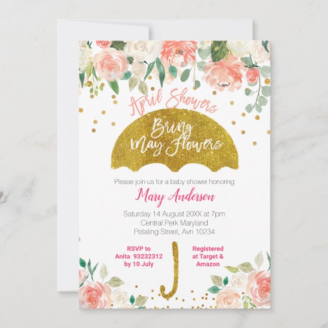 Peach Pink Umbrella April Showers Bring May Flower Invitation (Front)