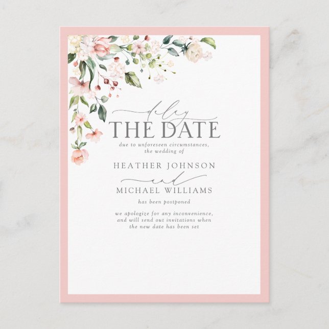 Peach Pink Watercolor Floral Delay The Date Postcard (Front)