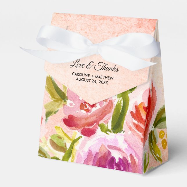 Peach Pink Watercolor Floral Wedding Favour Box (Front Side)