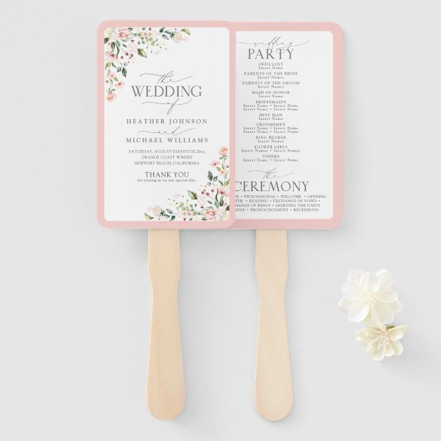 Peach Pink Watercolor Floral Wedding Program Hand Fan (Front and Back)