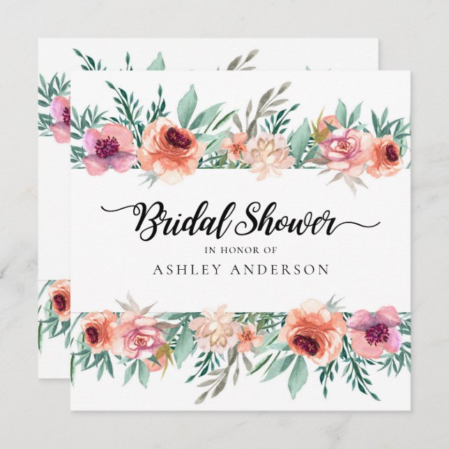 Peach Pink Watercolor Flowers Modern Bridal Shower Invitation (Front/Back)