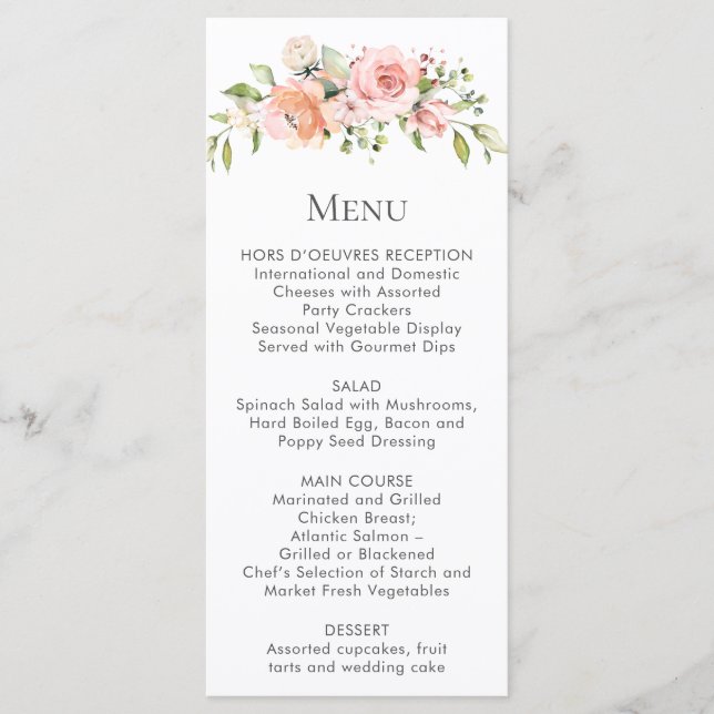 Peach Pink White Floral Bouquet Menu Rack Cards (Front)
