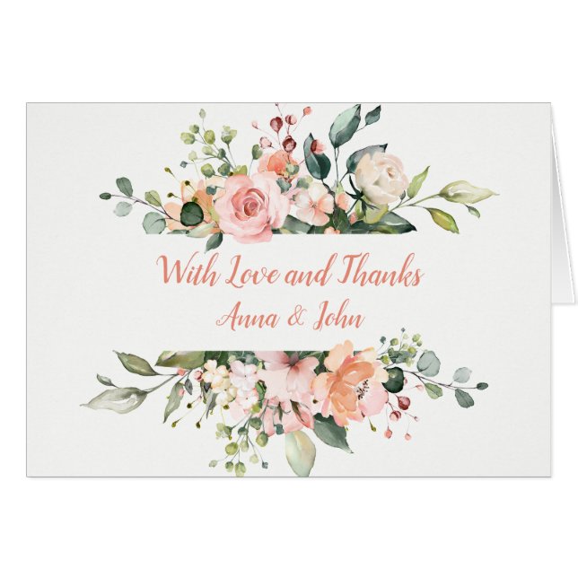 Peach Pink White Floral Frame Wedding Thank You (Front Horizontal)