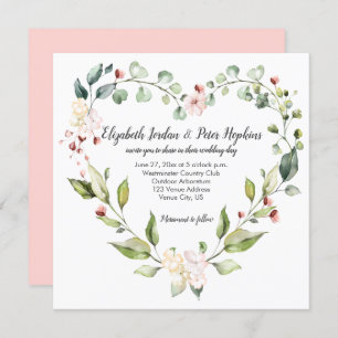 Peach Pink White Green Floral Heart Wreath Wedding Invitation
