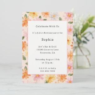 Peach Pink Yellow Blue Flowers Birthday   Invitation
