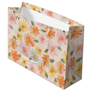 Peach Pink Yellow Blue Flowers Birthday Large Gift Bag