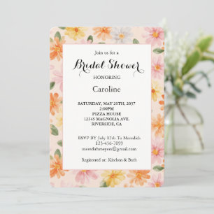 Peach Pink Yellow Blue Flowers Bridal Shower Invitation
