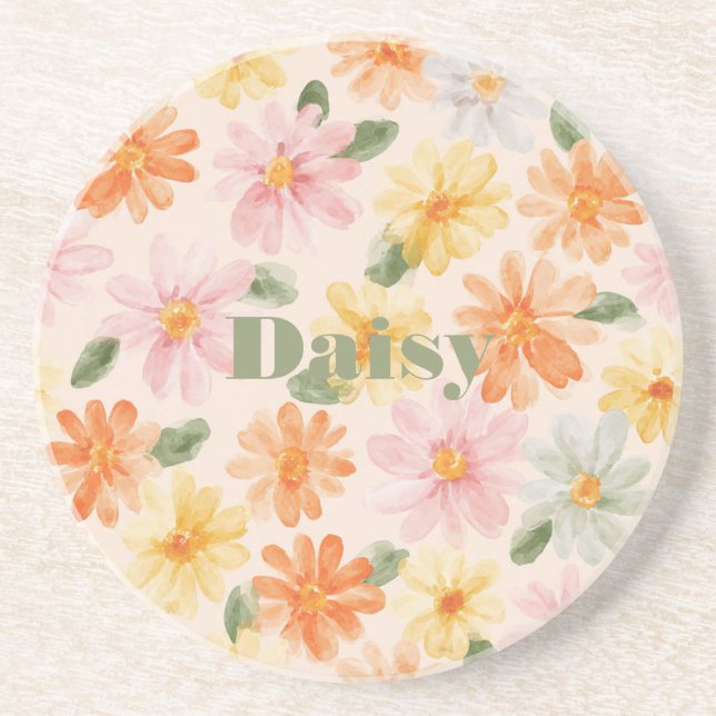 Peach Pink Yellow Blue Flowers Coaster (Front)