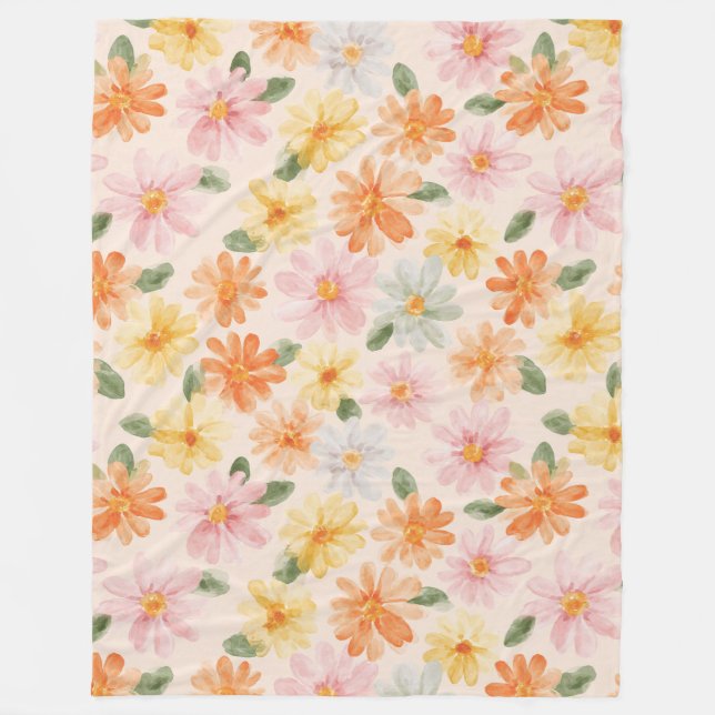 Peach Pink Yellow Blue Flowers  Fleece Blanket (Front)
