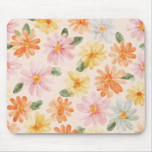 Peach Pink Yellow Blue Flowers Mouse Pad