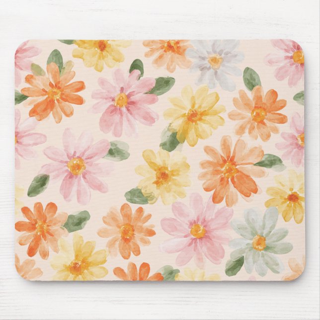 Peach Pink Yellow Blue Flowers Mouse Pad (Front)
