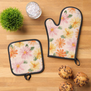 Peach Pink Yellow Blue Flowers Oven Mitt & Pot Holder Set