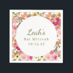 Peach Pink Yellow Floral Bat Mitzvah Custom Name Napkin<br><div class="desc">Trendy Peach Pink Yellow Watercolor Floral Bat Mitzvah Custom Name Napkins</div>