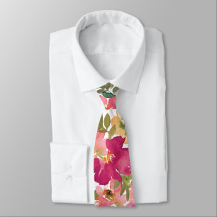 Peach Pink Yellow Watercolor Floral Wedding Tie