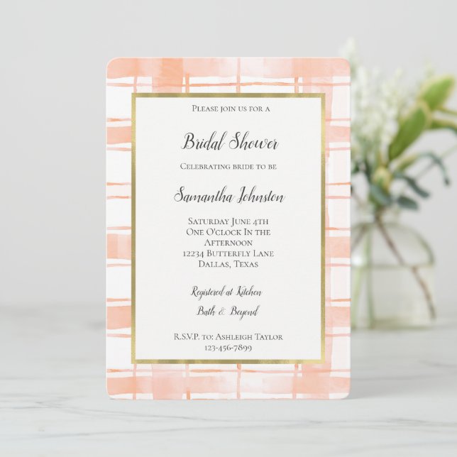 Peach Plaid Stripes Bridal Shower Invitation (Standing Front)
