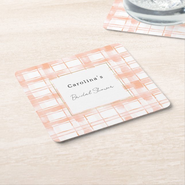 Peach Plaid Stripes Bridal Shower Square Paper Coaster (Angled)