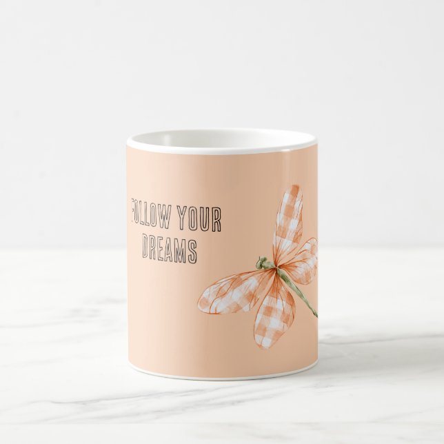 Peach Plaid Stripes Dragonfly Coffee Mug (Center)