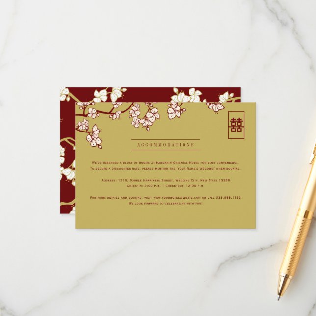 Peach/Plum Blossoms And Double Happiness Wedding Enclosure Card (Front/Back In Situ)