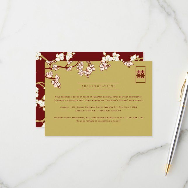 Peach/Plum Blossoms And Double Happiness Wedding RSVP Card (Front/Back In Situ)