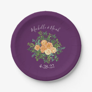 Peach & Plum Purple Peony & Rose Floral Wedding Paper Plate