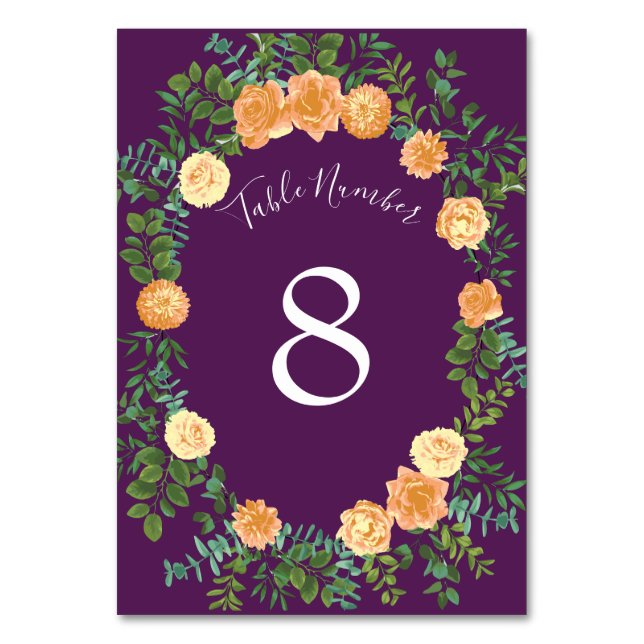 Peach & Plum Purple Peony & Rose Floral Wedding Table Number (Back)