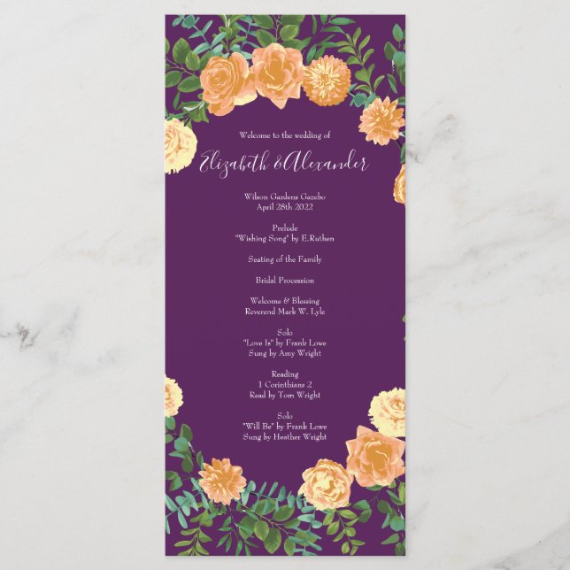 Peach Plum Purple Peony Rose Wedding Programs Menu (Front)