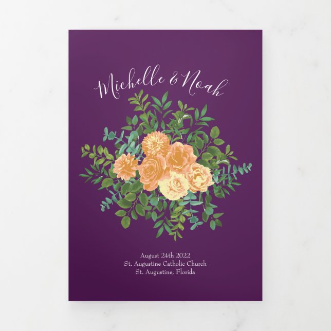 Peach Plum Purple Peony Rose Wedding Programs Tri-Fold Programme (Cover)