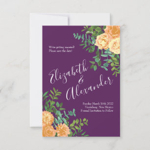 Peach & Plum Purple Peony Rose Wedding Save Date Invitation