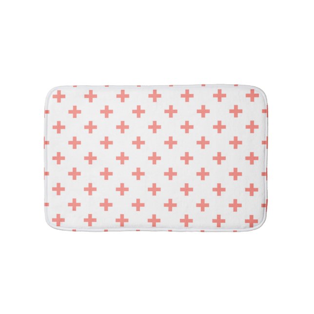 Peach polka crosses on white bath mat (Front)