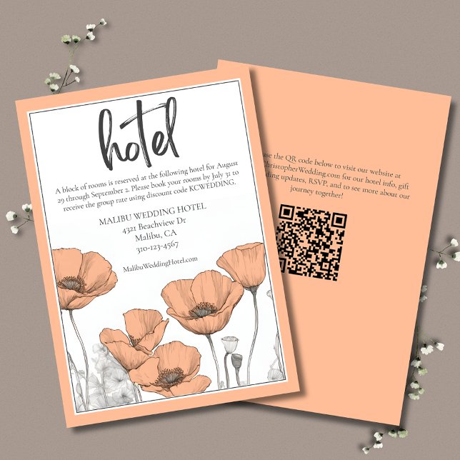 Peach Poppies Floral Elegant Wedding Hotel Enclosure Card (Peach Floral Wedding Hotel Information Information Card featuring poppies and QR code.)