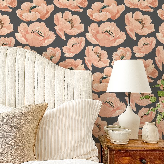 Peach Poppies On Grey Elegant Floral Wallpaper (Creator Uploaded)