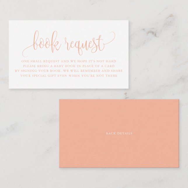 Peach Pretty Script Baby Shower Book Request Business Card (Front/Back)