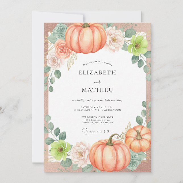 Peach Pumpkin Autumn Eucalyptus Wedding Invitation (Front)