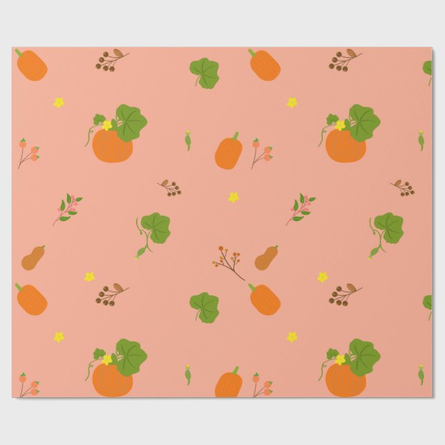 Peach Pumpkin Garden Botanical Pattern Wrapping Paper (Flat)