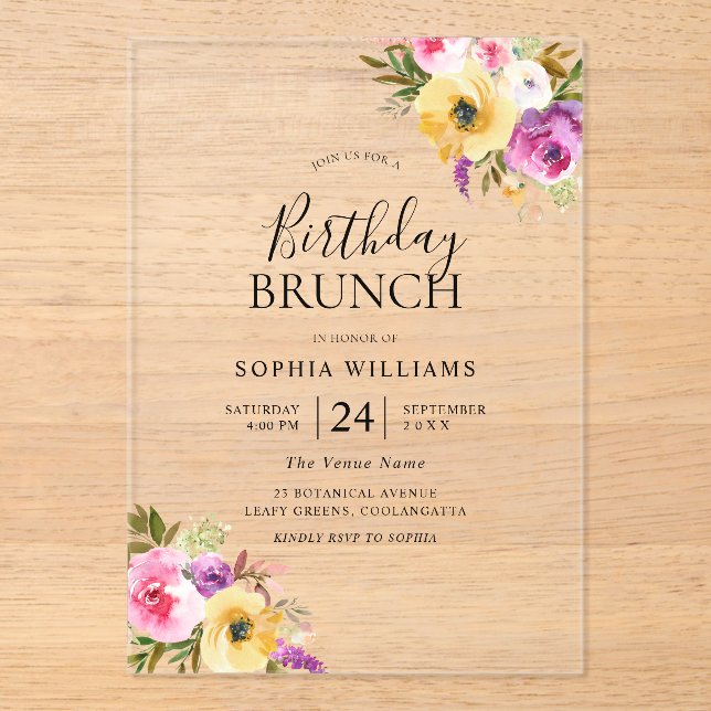 Peach Purple Blush Womans Birthday Party Brunch Acrylic Invitations (Front)