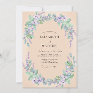 Peach Purple Botanical Watercolor Wedding Invitation