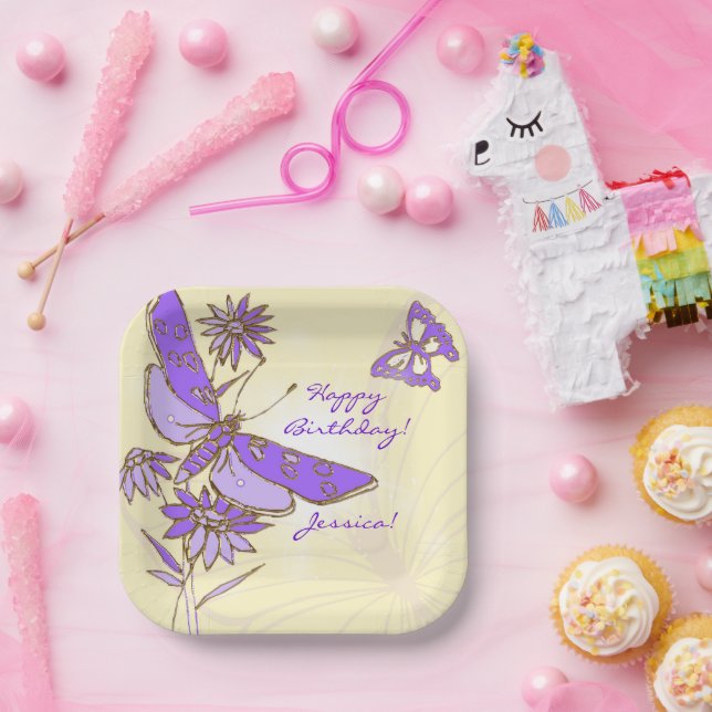 Peach Purple Butterfly Throw Pillow Paper Plate (Party)