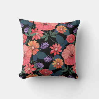Peach & Purple Coloured Floral Print Throw Pillow
