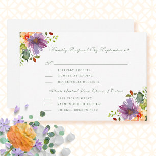 Peach Purple Floral Menu Selection Wedding RSVP 