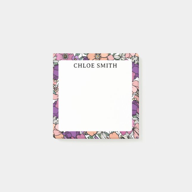 Peach & Purple Floral Pattern Name Post-it Notes (Front)