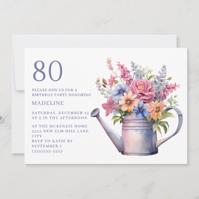 Peach Purple Floral Watering Can 80th Birthday Invitation (Front)