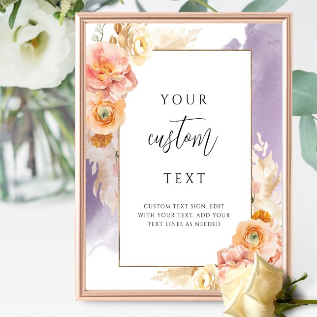 Peach Purple Floral Wedding Sign with Custom Text (Creator Uploaded)