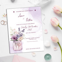 Peach Purple Flowers In Mason Jar Wedding Invite