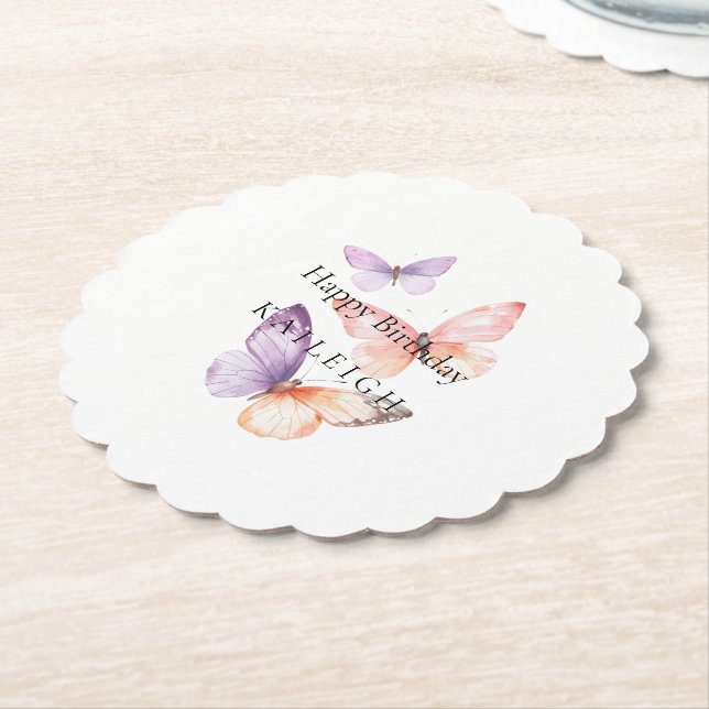 Peach Purple Lavender Butterflies Birthday Paper Coaster (Angled)